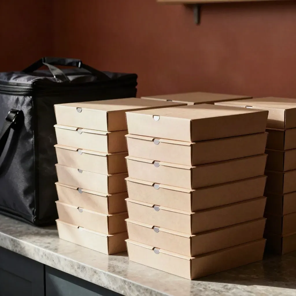 Catering trays, tapas boxes, insulated carriers, and wine tote on a service counter in dramatic light.