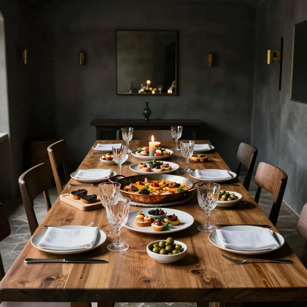 Empty private dining room set for eighteen with paella, tapas, candles, and crystal glasses