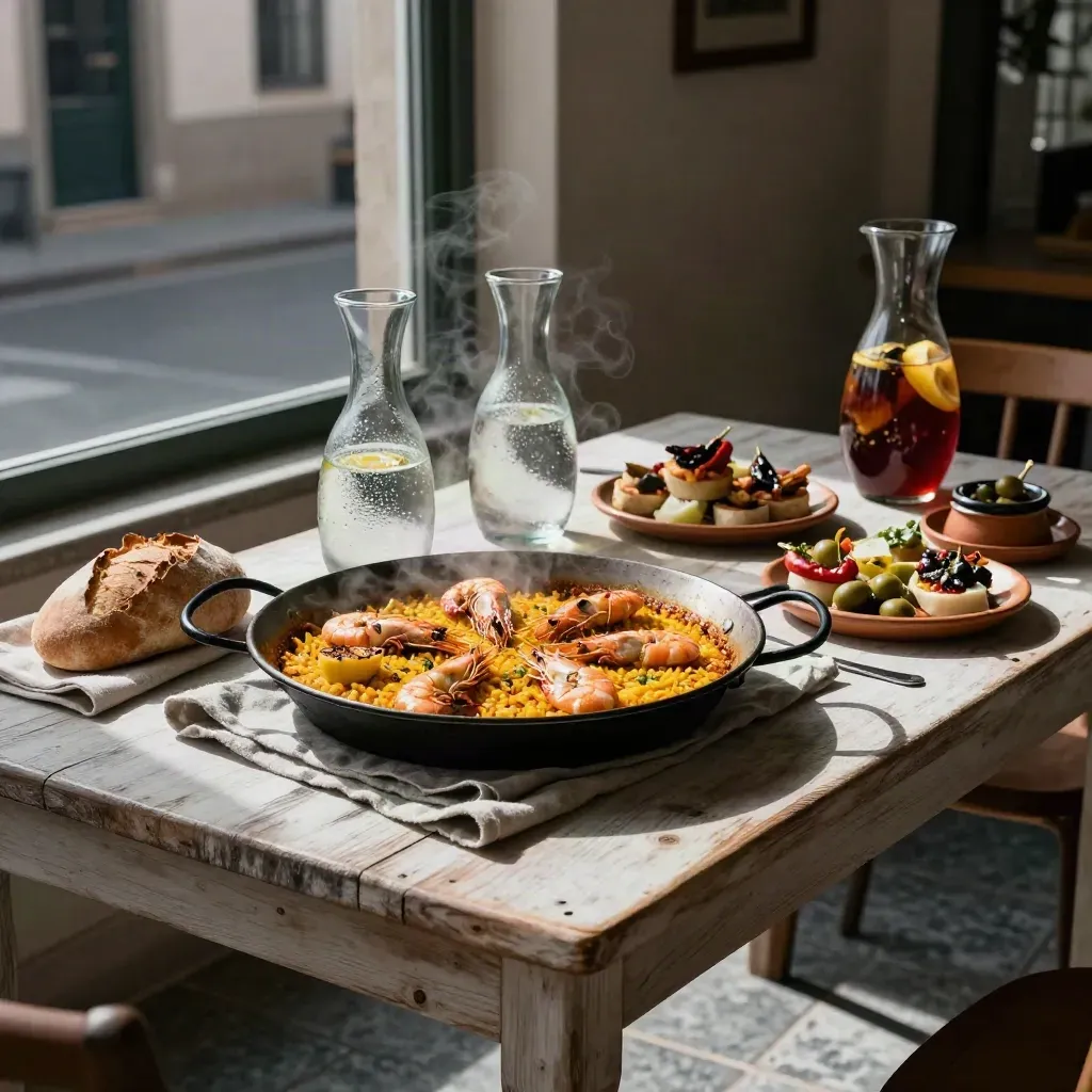 Sunlit terrace table with paella, sangria carafes, bread and tapas by a street window.