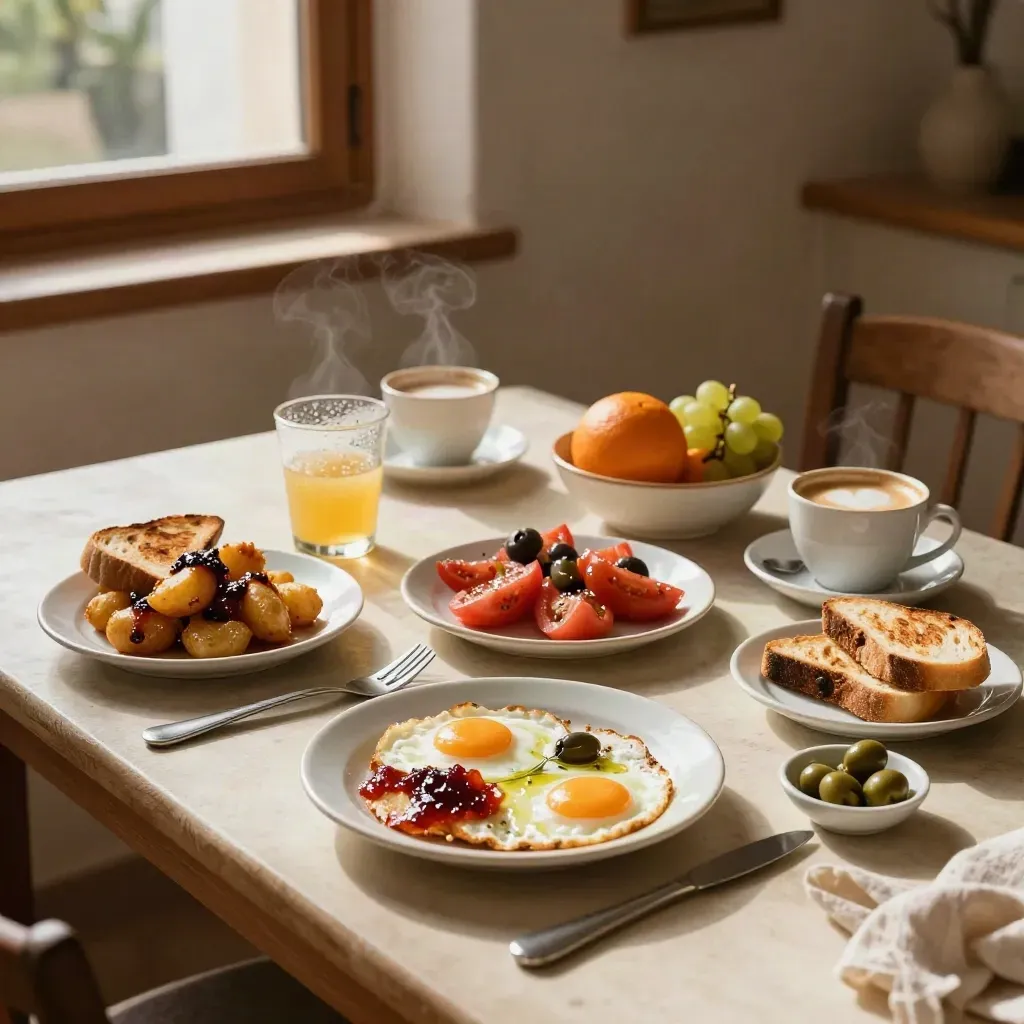 Half-served Spanish brunch spread with eggs, patatas, toast, fruit, coffee and juice on a cream table