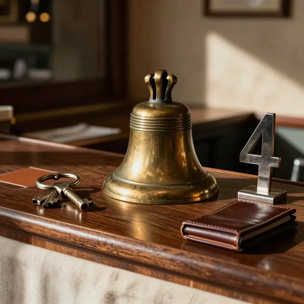 Brass host bell, key ring, table stands and closed check presenter on a walnut host station.