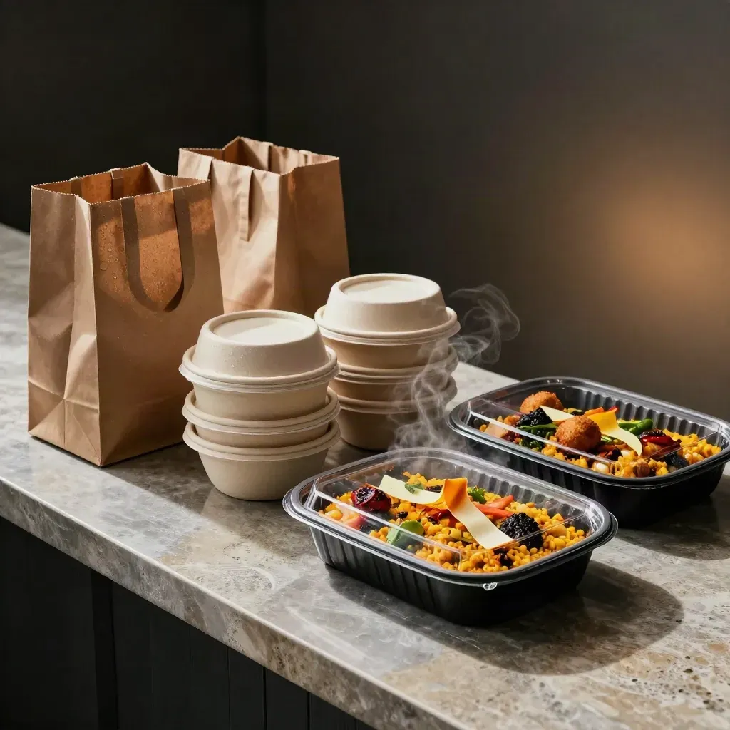 Hot tapas delivery trays and compostable bowls steaming on a stone counter.