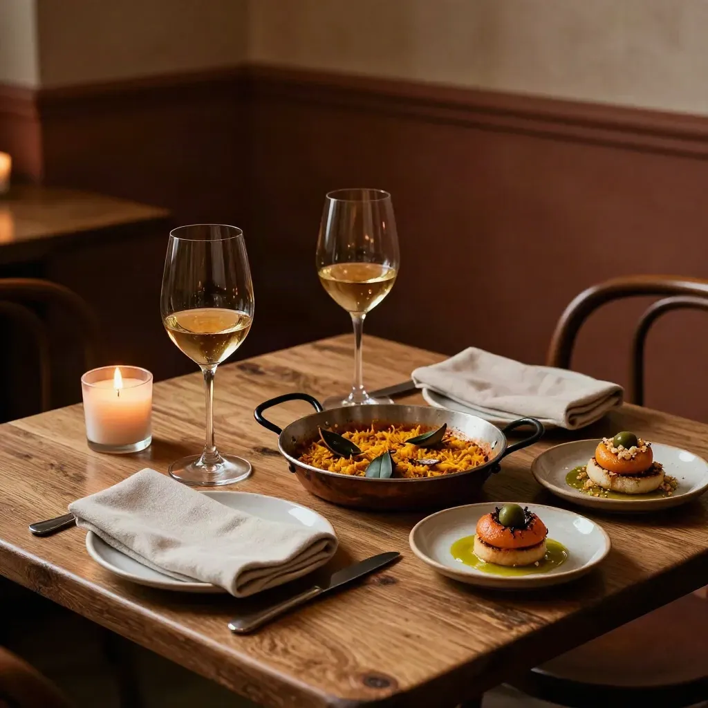 Quiet tapas table with paella, wine glasses, candlelight, and soft empty chairs in warm haze.