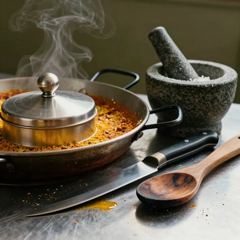 Macro still life of paella tools on a steel prep surface with oil sheen and faint steam.