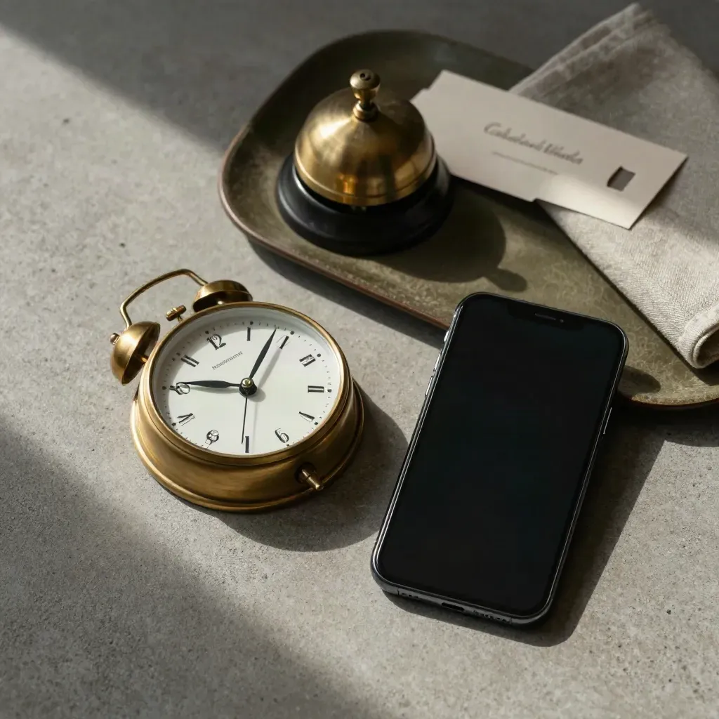 Brass clock, dark smartphone, and host bell on an olive leather tray over concrete.