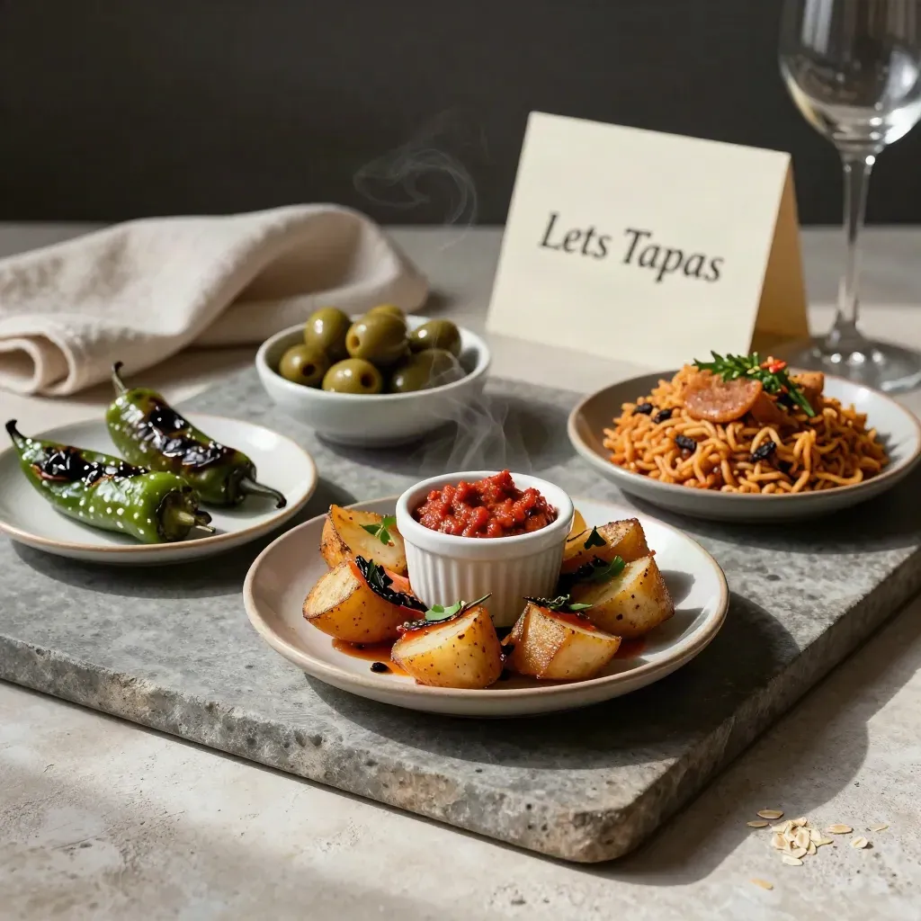 Tapas tasting set on a stone tray with plates, olives, ramekins and wine stems.