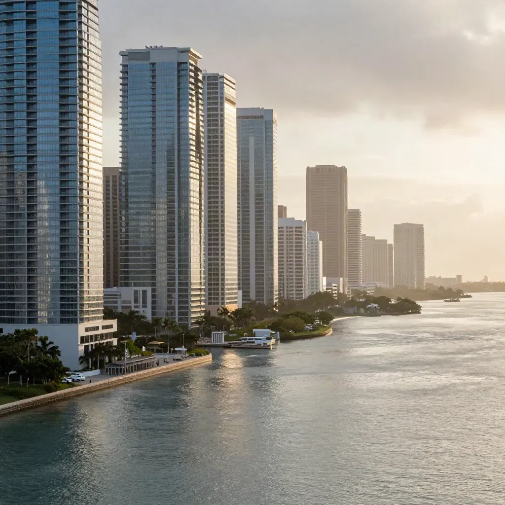 Hazy sunrise over downtown Miami towers above calm Biscayne Bay after rain.