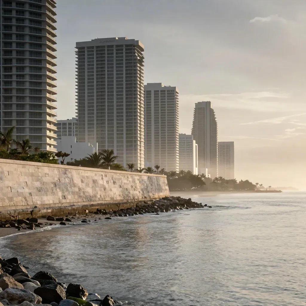 Sunrise high-rises above a pale seawall and misty mangrove edge on a calm coast.