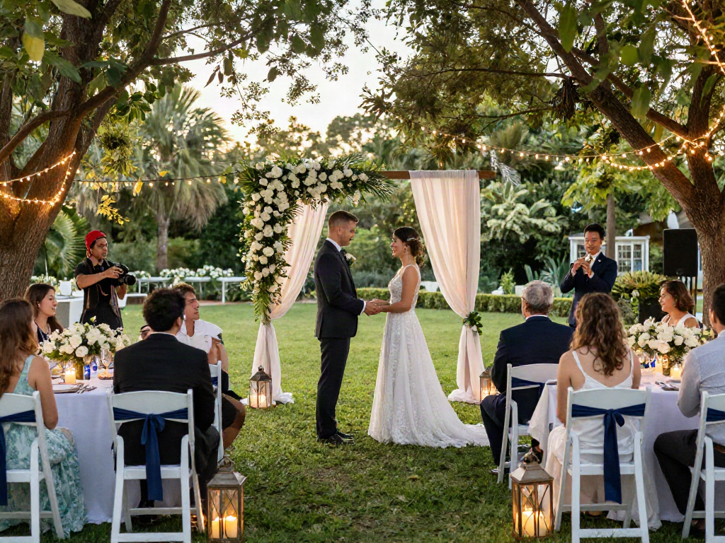 Stunning outdoor wedding ceremony showcasing elegant event rentals with floral decor.