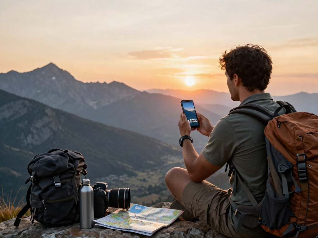 The traveler enjoying a sunset view with the rokok88 link on their smartphone, surrounded by hiking gear, capturing the spirit of adventure.