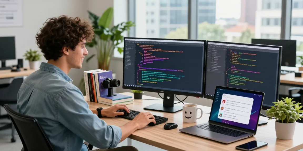 Vibrant tech workspace with a developer coding on spicy AI algorithms, capturing a creative atmosphere of innovation.