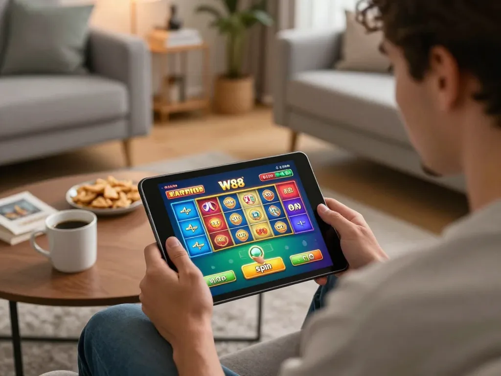 Player enjoying W88 online casino games on a tablet in a cozy home setting with snacks.