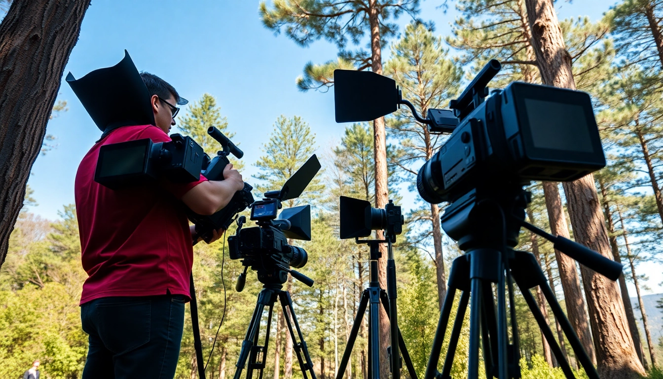 Cinematic video production showcasing a film crew in action in a stunning outdoor setting.