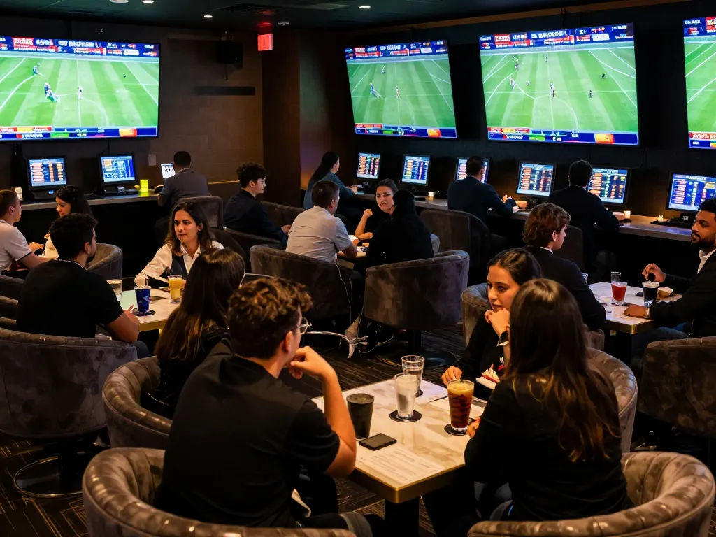 Fans engaged in sports betting and analyzing live odds at a Cakhiatv lounge during major football matches.
