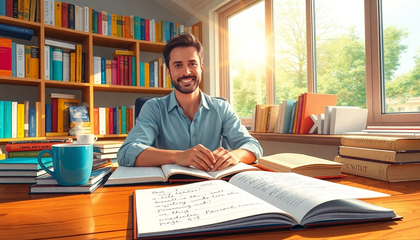 Inspiring scene of an author creating a Motivational Memoir amid books and sunlight.