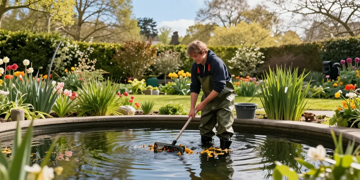 Professional Pond Cleaning London: Expert cleaner maintaining a garden pond with aquatic plants and sunlight filtering through trees.
