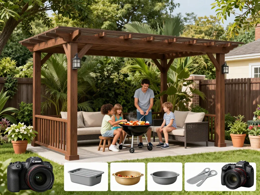 Configuratore pergola online with family enjoying a customizable pergola in a beautiful backyard setting.