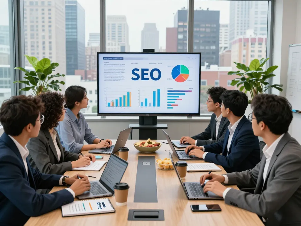 SEO Company in NYC team discussing digital marketing strategies in a vibrant office setting.