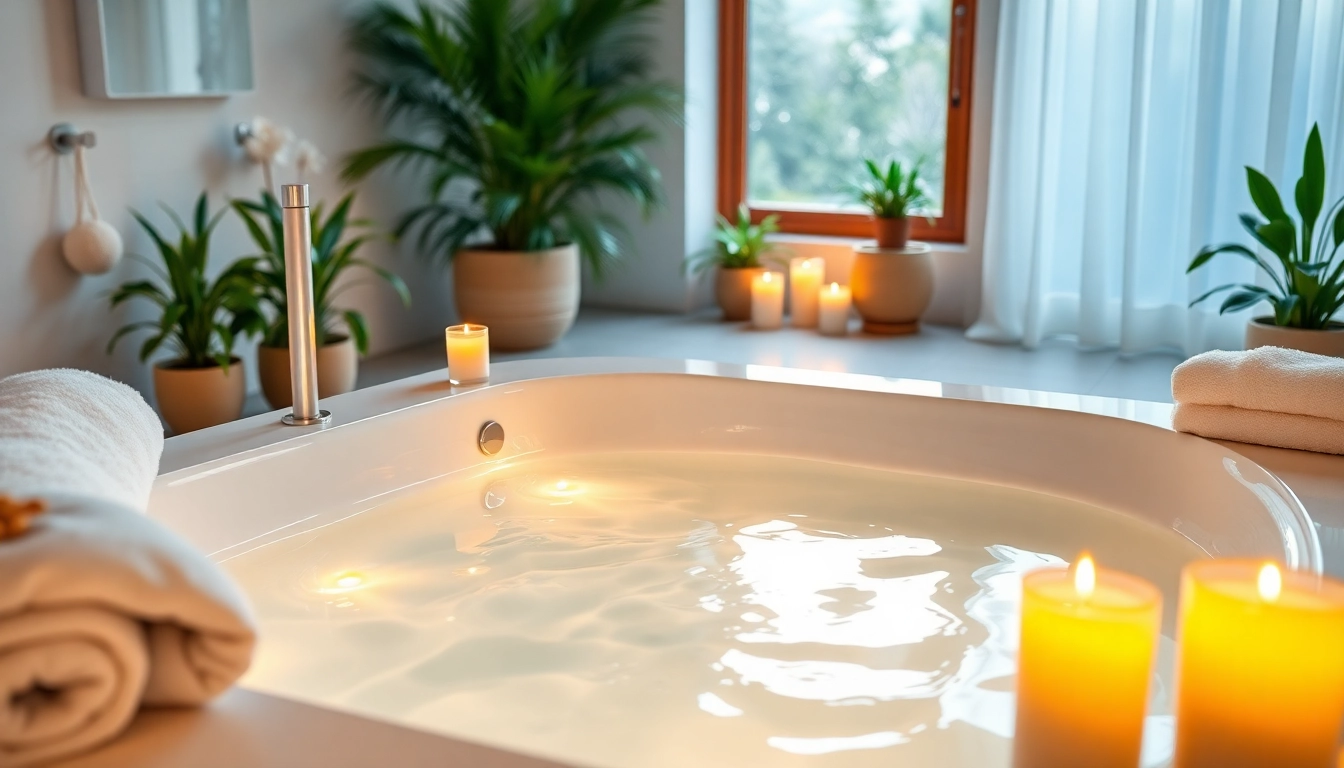 Vasca da bagno elegante immersa in un ambiente rilassante con candele e piante.