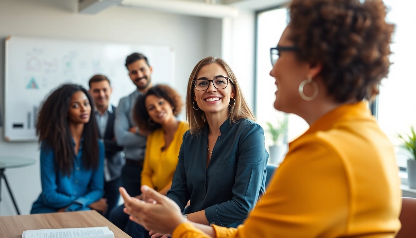 Engaging coaching leadership discussion in a modern office environment.