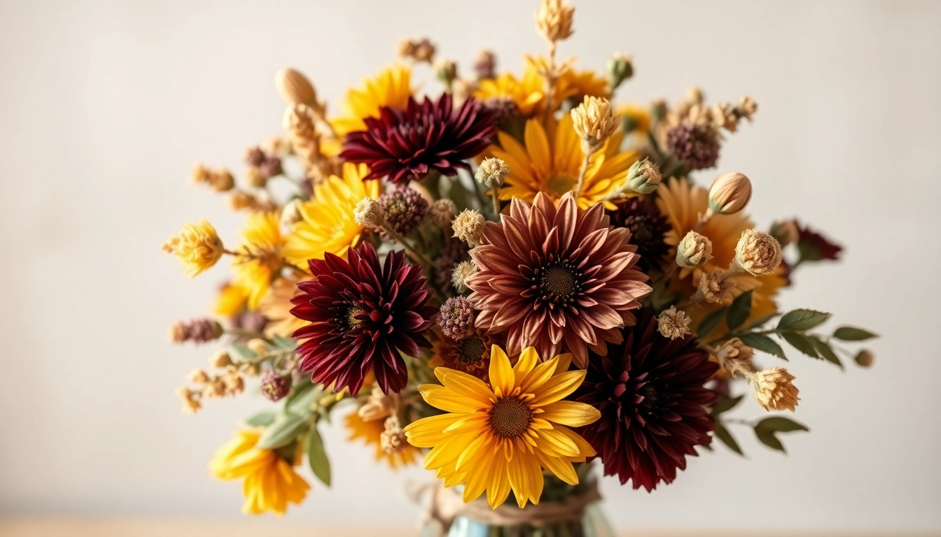 Dried flowers artfully arranged in a vase, showcasing vibrant colors and textures.