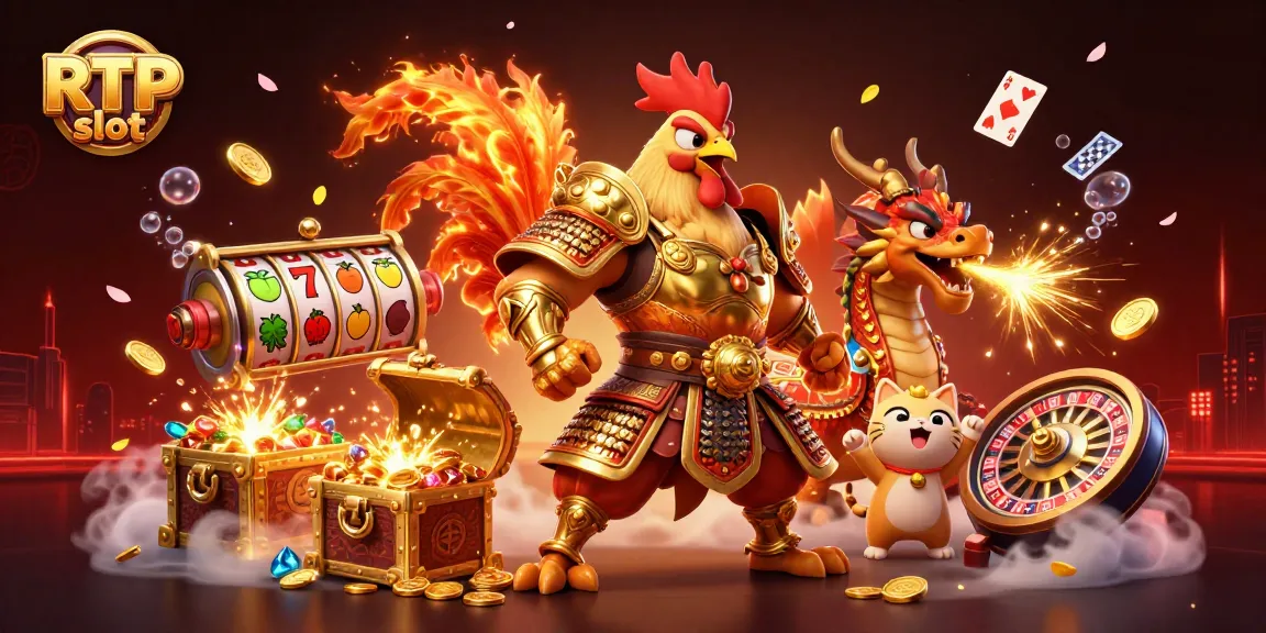 Engage with RTP slot gameplay featuring a vibrant scene of a rooster warrior and dragon hatchling amidst casino elements.