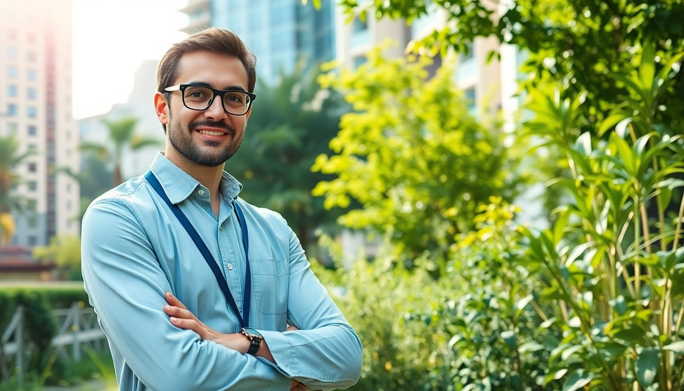 CYB Environmental consultant assessing urban greenery and architecture for sustainability.