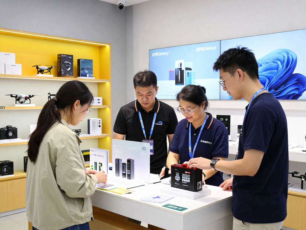 EPB Battery showcased in a consumer electronics store with customers exploring products.