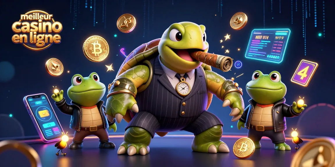 Visualisez le meilleur casino en ligne avec une tortue massive en costume, des pièces de crypto-monnaie flottantes et une ambiance dynamique.
