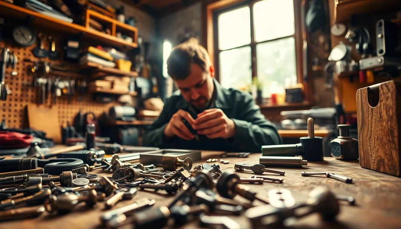 locksmiths Durham expertly servicing a valuable lock in a cozy workshop.