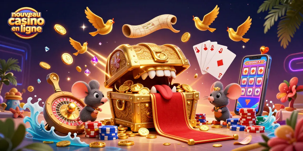 Découvrez une scène dynamique de nouveau casino en ligne avec des trésors, des jeux de cartes et des pièces d'or scintillantes.