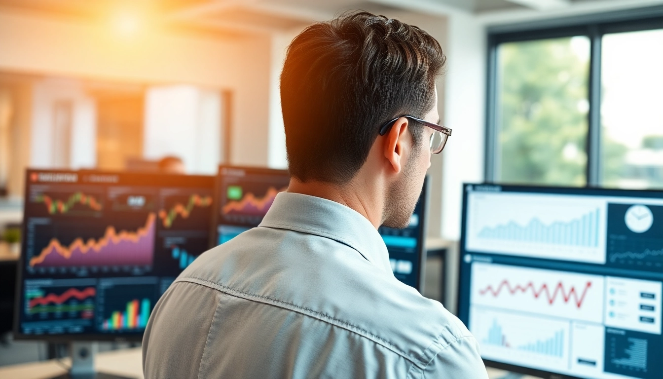 Consultant reviewing business technology solutions metrics on multiple screens in a bright office.