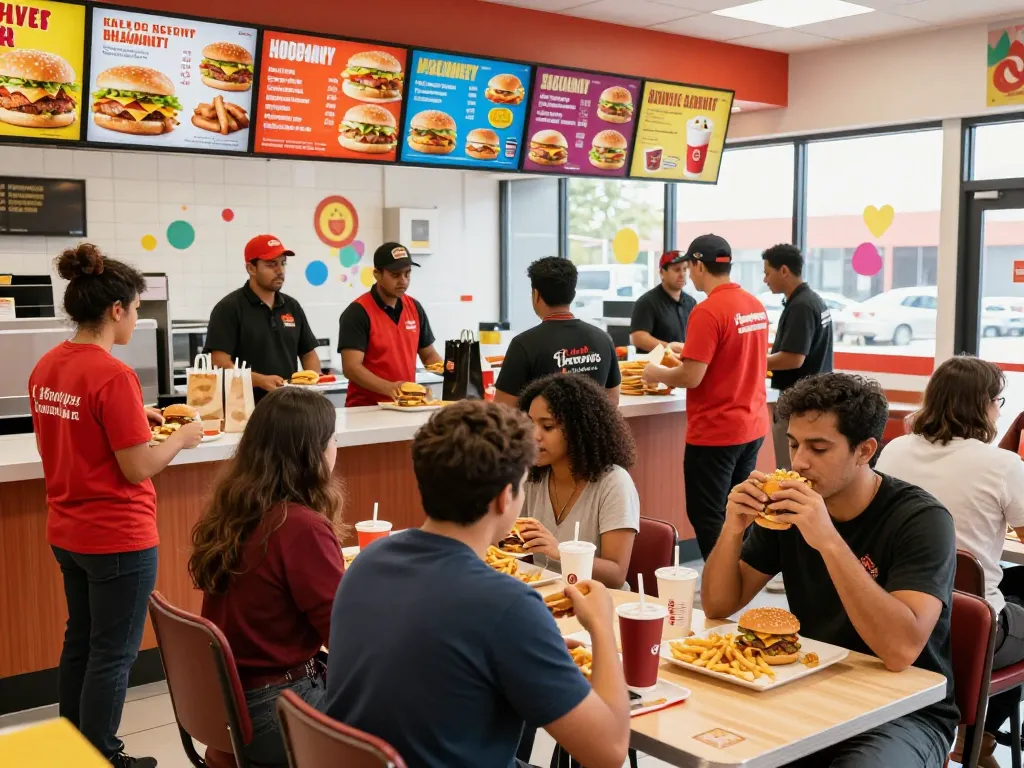 Customers at a fast food restaurant ordering meals, showcasing fast food prices and vibrant dining atmosphere.
