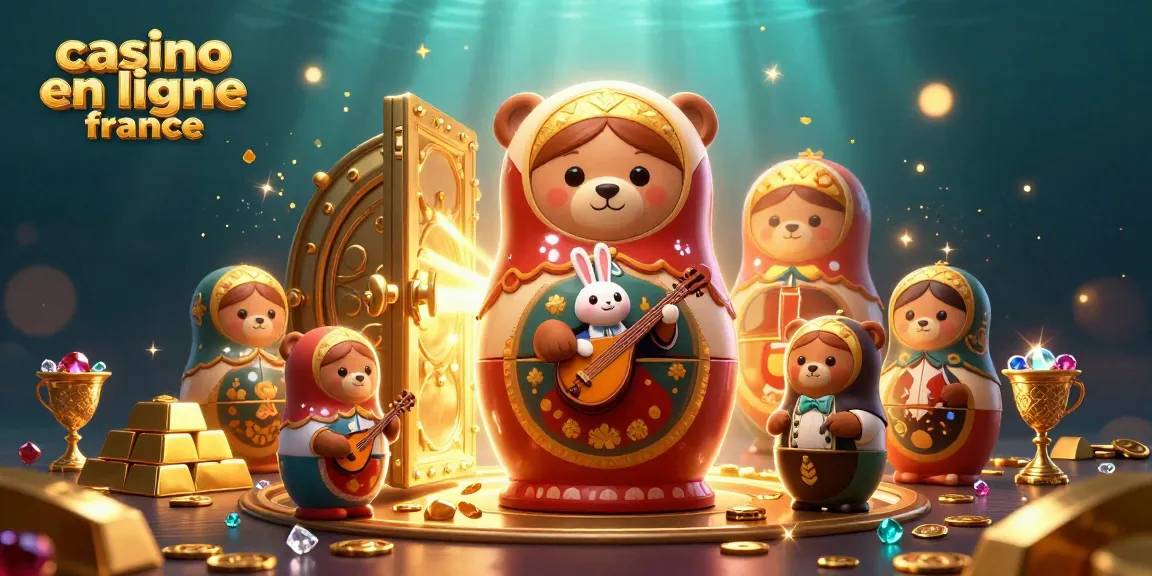 Casino en ligne France : illustration vibrante de la magie du jeu avec des ours russes et des trésors.