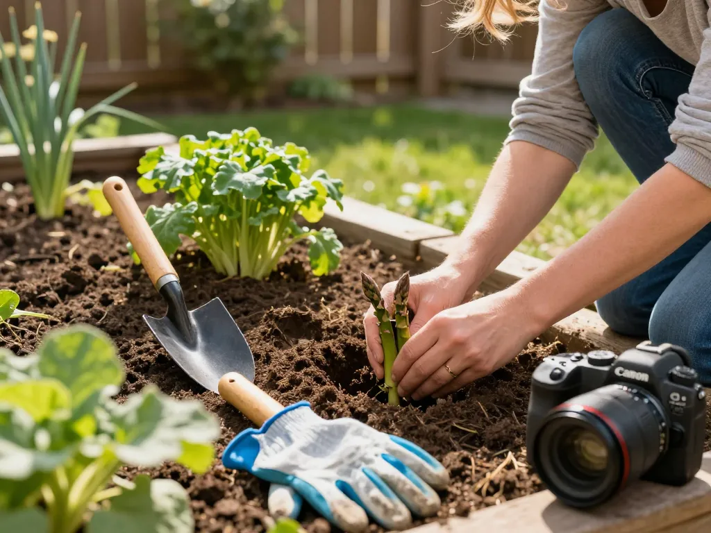 Aspergeklauwen kopen with a gardener planting asparagus crowns in a sunny backyard garden.