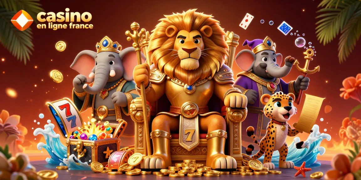 Illustration dynamique de casino en ligne France montrant un roi lion, un éléphant sage et un guépard messager entourés de machines à sous et de trésors.