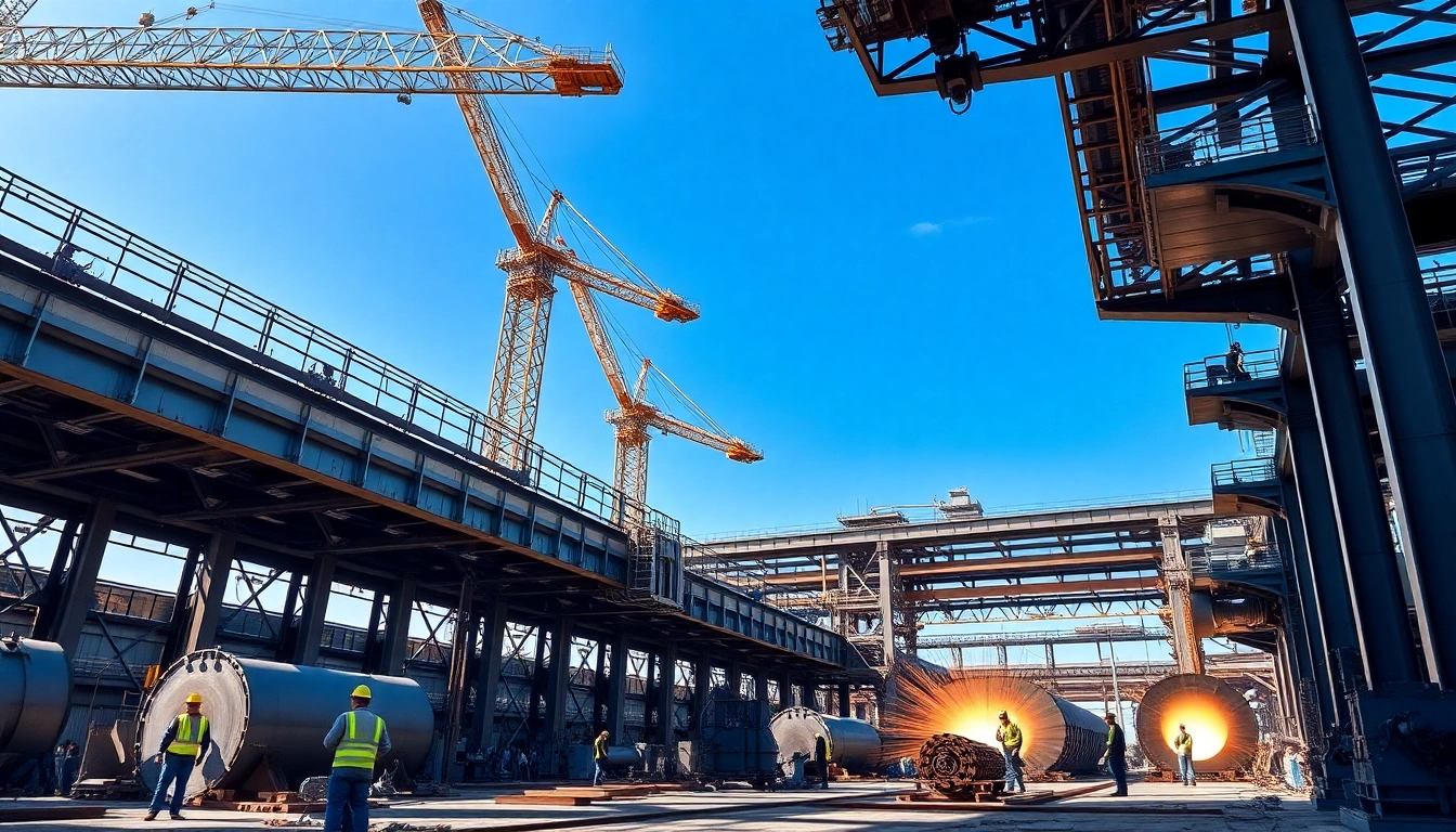 Workers forging steel beams in a modern steel mill, showcasing advanced industry operations.