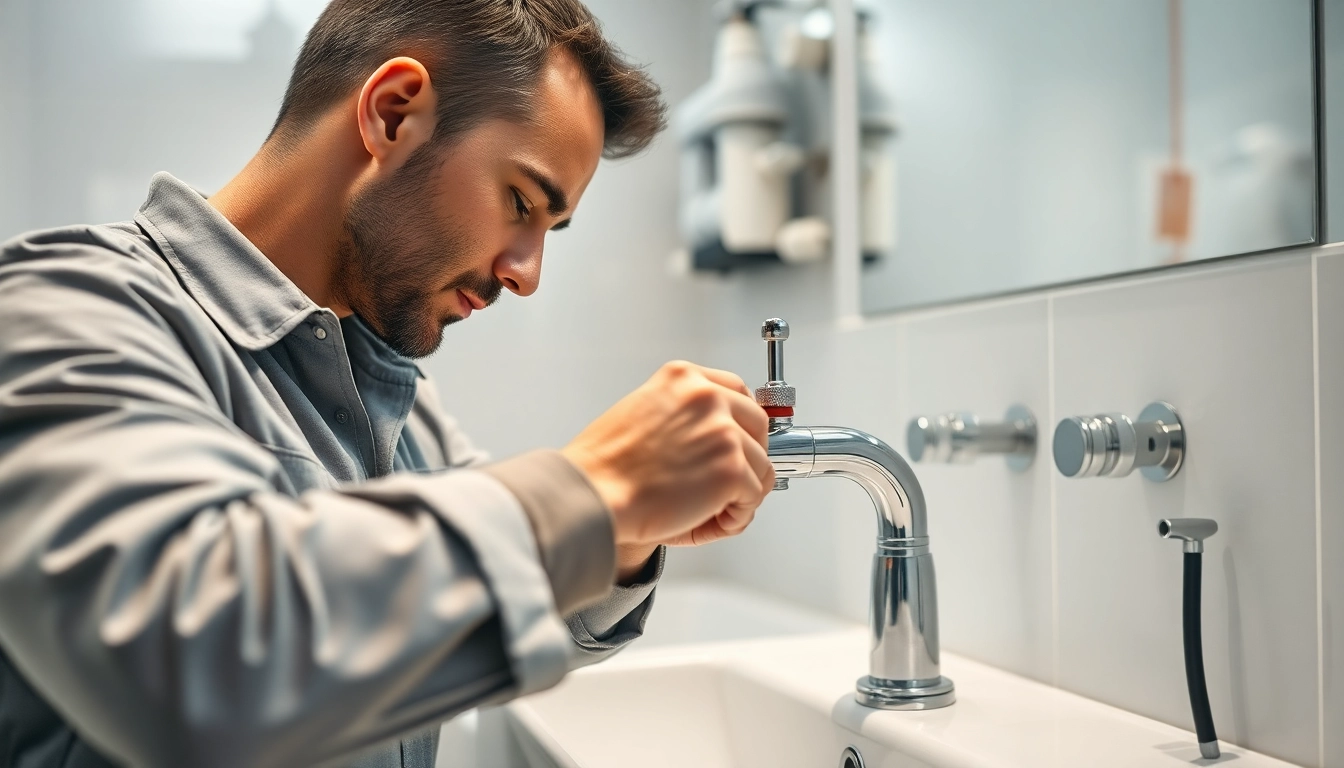 Technician installing fixtures of sonni sanitär GmbH in a contemporary bathroom.
