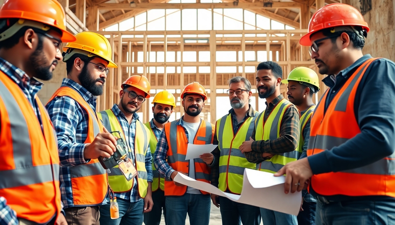 Construction workforce training with diverse workers demonstrating skills and teamwork at a job site.