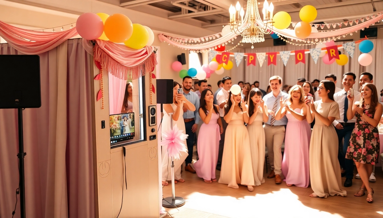 Capture moments at a joyful photo booth rental setup with vibrant props and happy guests.