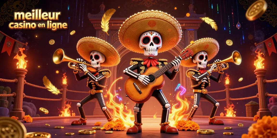 Scène captivante de "meilleur casino en ligne" mettant en avant des musiciens de mariachi squelettes dans un casino animé.