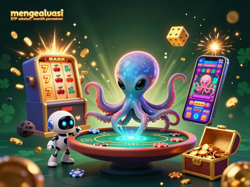 Mengevaluasi RTP sebelum memilih permainan dengan slot online, simbol keberuntungan, dan robot kecil di meja poker.