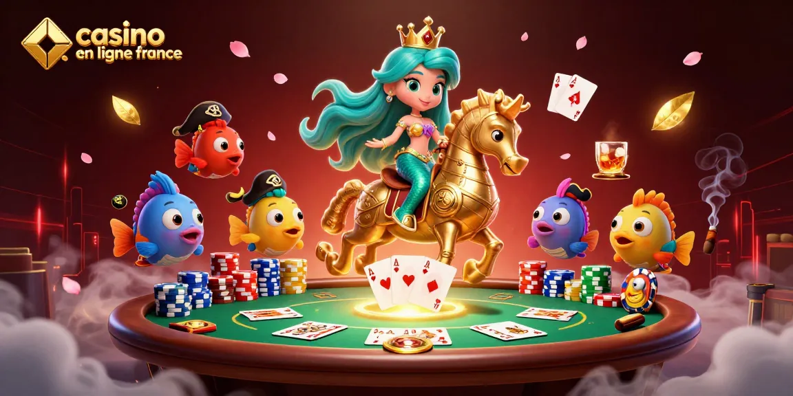 Illustration 3D dynamique avec la princesse sirène, un hippocampe et des poissons pirates, illustrant le casino en ligne France.