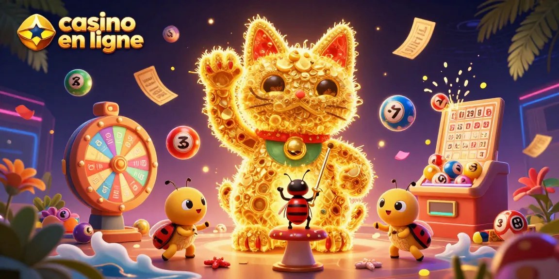 Vivez l'expérience casino en ligne avec un chat chanceux et des éléments de jeu captivants, créant une ambiance festive.