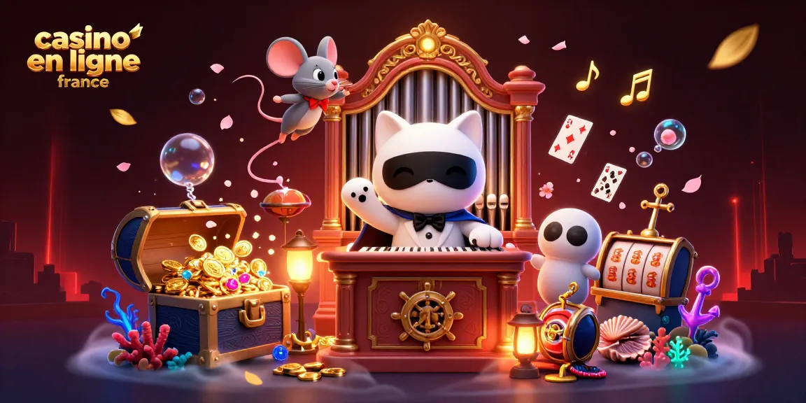 Illustration captivante de casino en ligne France avec un chat fantôme et des éléments de jeux brillants