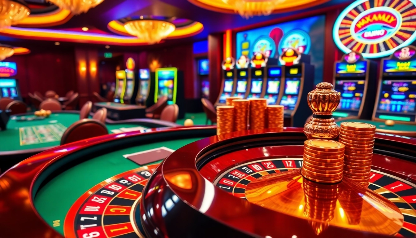 Une expérience dynamique de casino en ligne avec une roulette en rotation et des jetons de poker empilés.