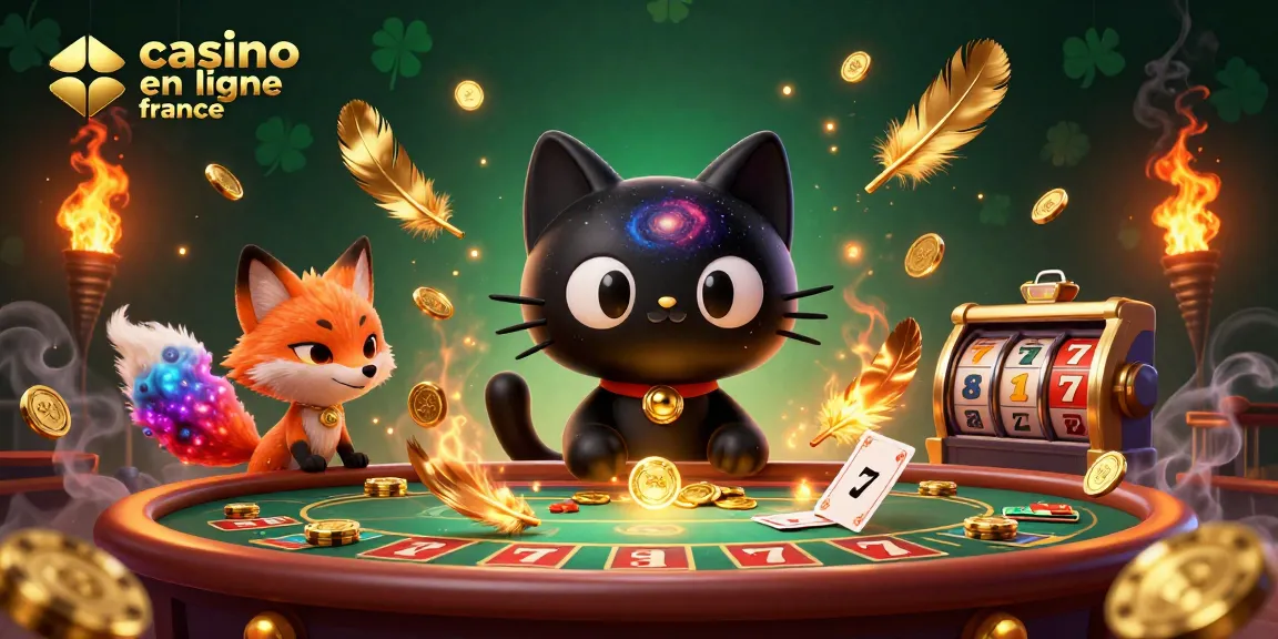 Un chat noir de casino en ligne France attire des jetons d'or et des cartes avec ses pouvoirs gravitationnels en plein élan.