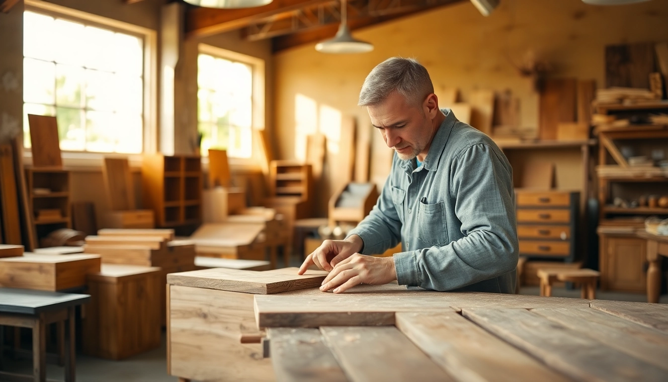 Skilled cabinet maker near me crafting custom furniture in a well-lit workshop.