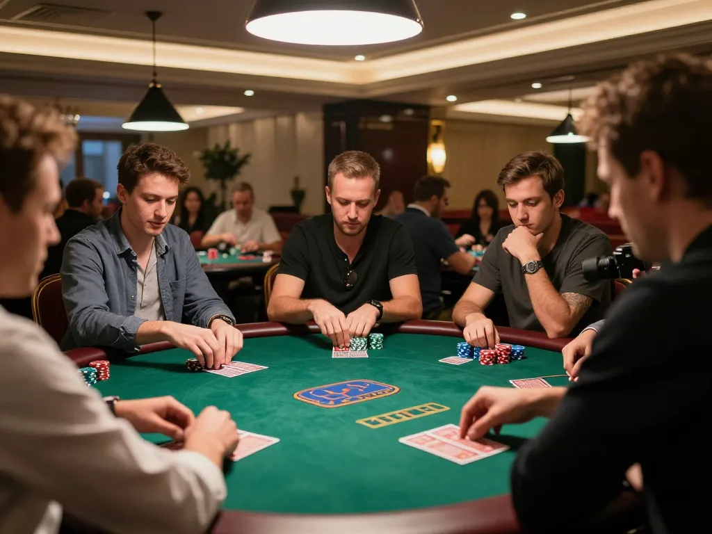Players engaging in a thrilling poker game at EE88, showcasing strategic gameplay and a vibrant casino atmosphere.