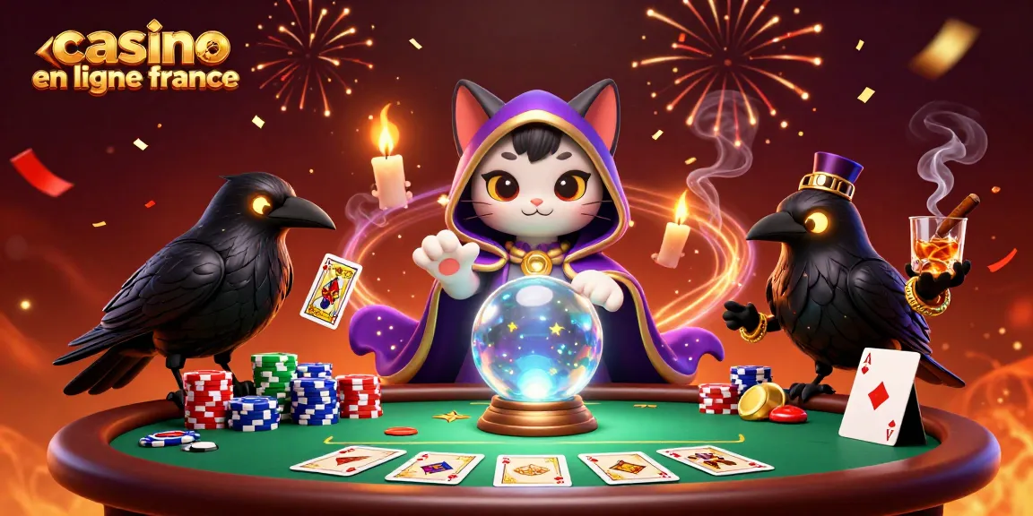 Jouer sur un casino en ligne France avec une illustration 3D de chat mystique et éléments de poker.